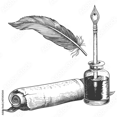 Vintage Quill Pen, Inkwell, and Rolled Parchment: Hand-Drawn Engraving