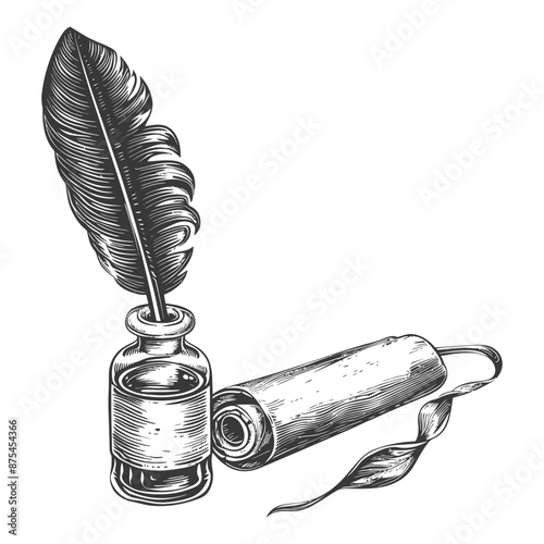 Vintage Quill Pen, Inkwell, and Unrolled Scroll: Hand-Drawn Illustration