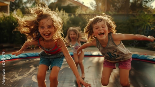 Children jumping on a trampoline with a safety net, ensuring a fun and secure playtime