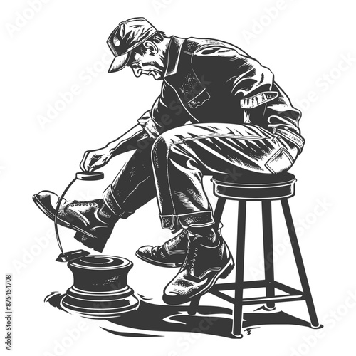 Vintage Monochrome Illustration: Craftsman Polishing Boots on Stool