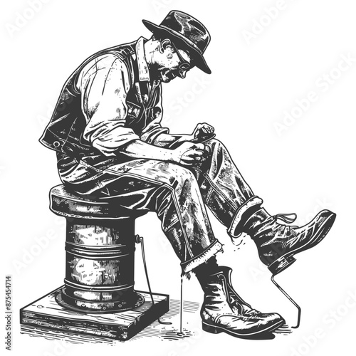 Vintage Illustration: Farmer Repairing Boots on Dockside Capstan