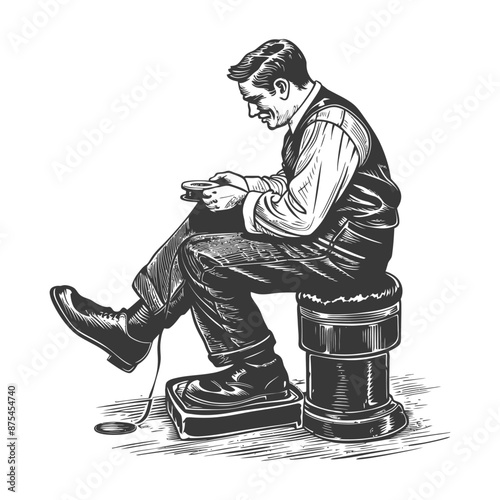 Vintage Shoe Shine Man:  Engraving Style Illustration