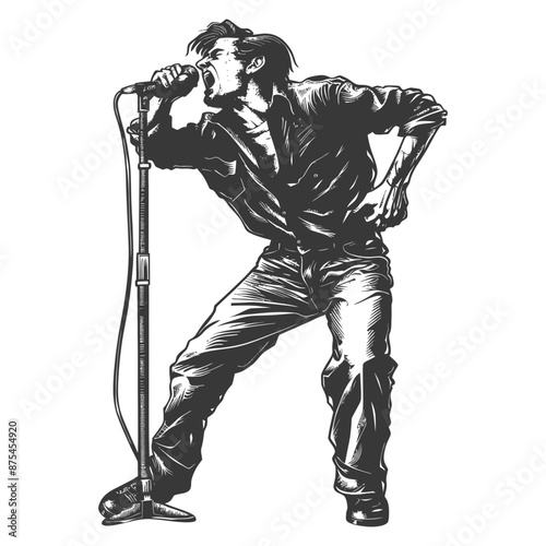 Raw Energy: Monochrome Illustration of a Passionate Rock Singer