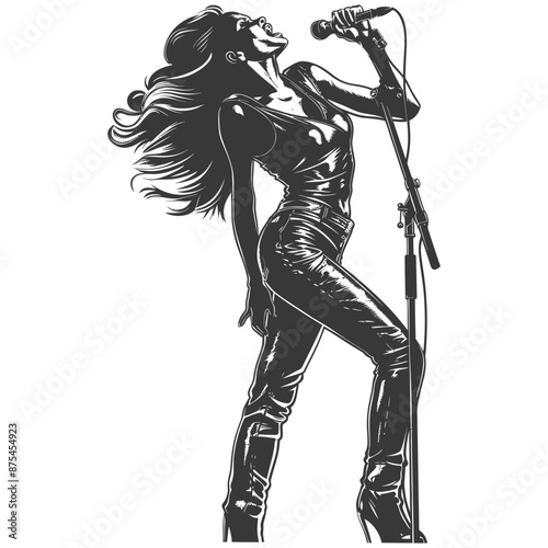 Dynamic Female Rock Singer, Monochrome Illustration