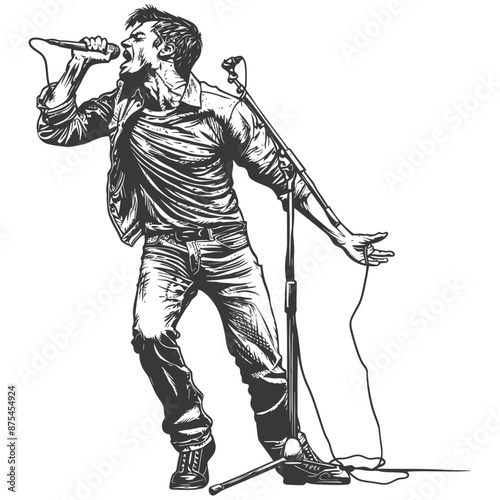 Energetic Rock Singer, Hand-Drawn Ink Illustration