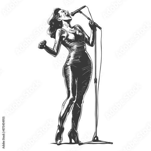 Vintage Ink Sketch: Dynamic Female Singer Performing on Stage