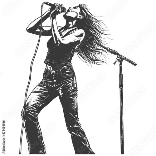 Rock Singer, Monochrome Illustration: Powerful Vocals, Windblown Hair