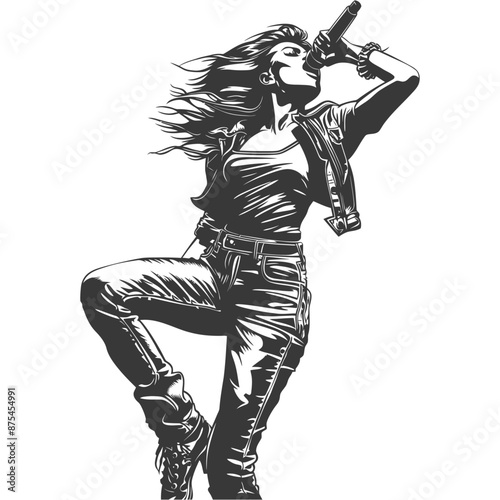 Dynamic Female Rock Singer, Black and White Ink Illustration