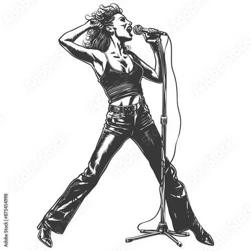 Dynamic Female Singer, Monochrome Illustration, Powerful Stage Performance