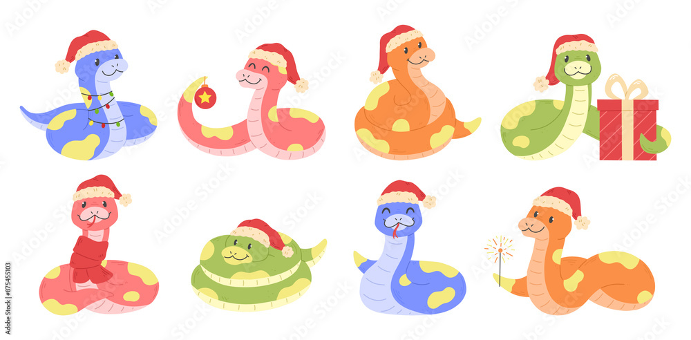 Fototapeta premium A set of cute cartoon Christmas snake characters isolated on a white background. Chinese New Year of the Snake 2025. The Year of the Snake.