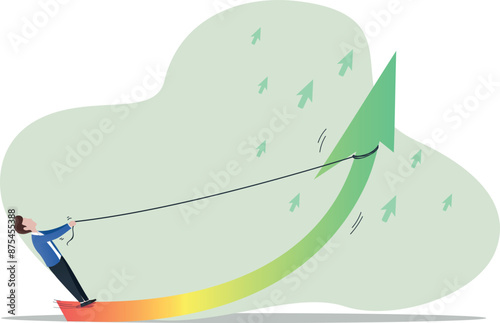 Businessman forcing a profit arrow with a rope, concept of forcing increased sales profits or wealth