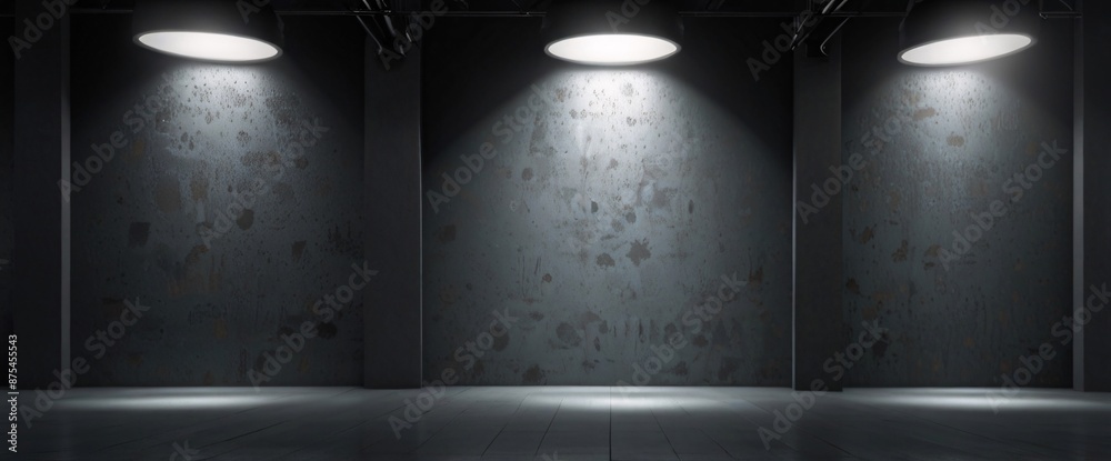 Obraz premium Empty vintage living room interior with spotlights bathing the bare wood walls