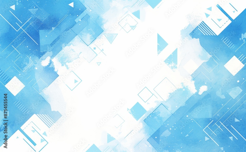 Blue Geometric Shapes on Light Blue Watercolor Paper Texture, Simple Line Style Blue Geometric Shapes on Light Blue Watercolor Paper Texture, Simple Line Style