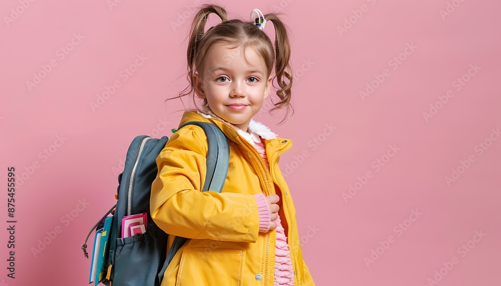Little girl in school uniform, backpack and books on pink backdrop, yellow jacket, pastel colors, studio shot, joyful. Little girl in school uniform, backpack and books on pink backdrop, yellow jacket, pastel colors, studio shot, joyful.