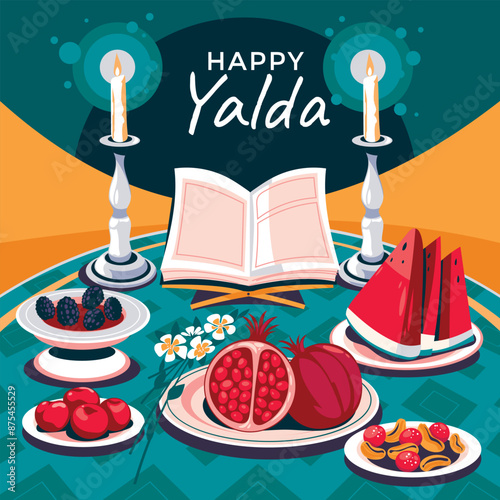 Happy Yalda Night Illustration with Pomegranate and Candles Background