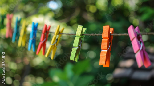 A colorful clip used to hold clothes on a line is called a clothespin.