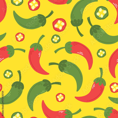 Seamless pattern with red and green peppers in cartoon flat style on a yellow background. illustration of a background with chili peppers and jalapenos.