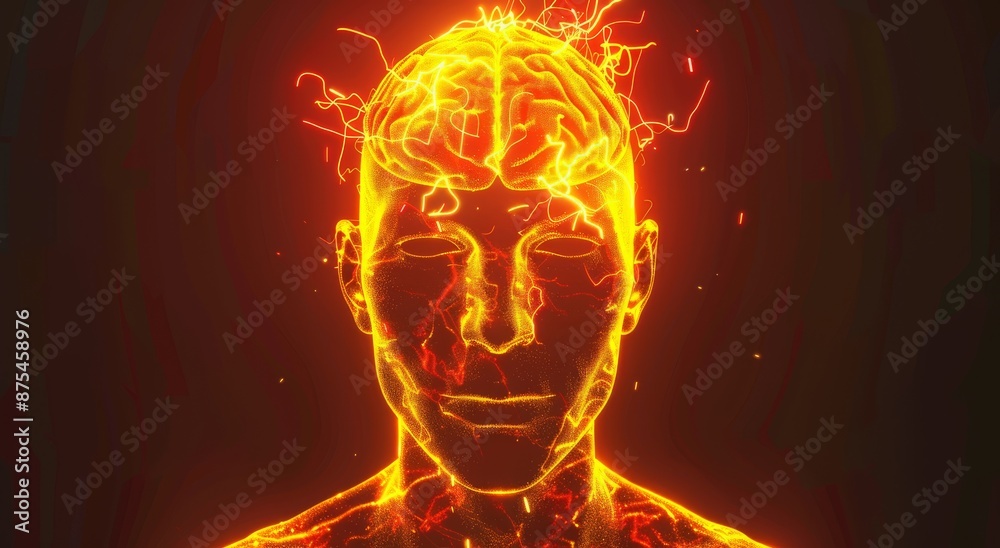 3D animation of glowing yellow brain inside a human head with dark background