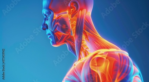 Close-up of detailed human muscular system in bright neon colors, highlighting shoulder and upper back muscles