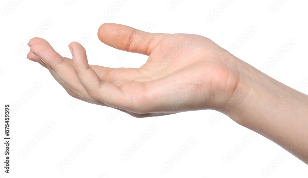 Woman showing hand on white background, closeup Woman showing hand on white background, closeup