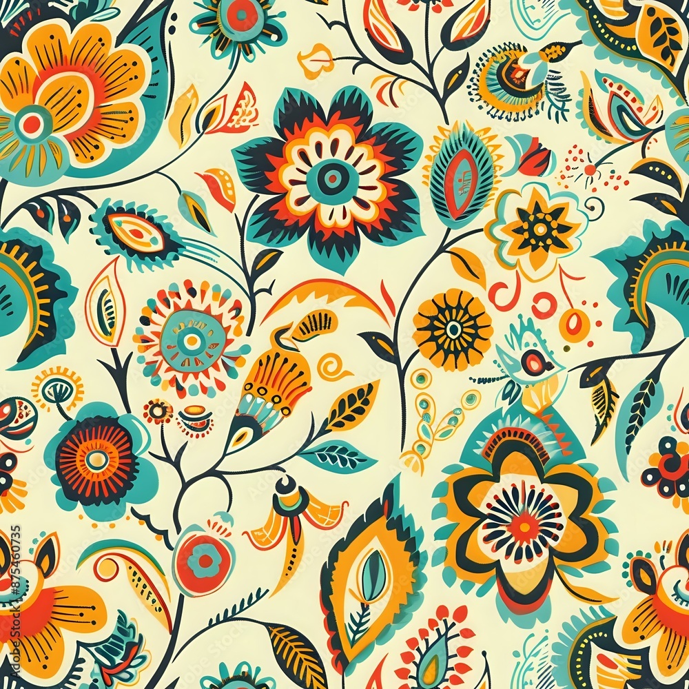 Folk Art Inspired Stylized Flower and Leaf Fabric Design in Blue and Purple Folk Art Inspired Stylized Flower and Leaf Fabric Design in Blue and Purple