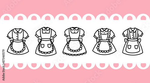 Vintage maid uniforms collection, cute line art style, set of maid dressing costume, traditional fashion design, vector illustration.