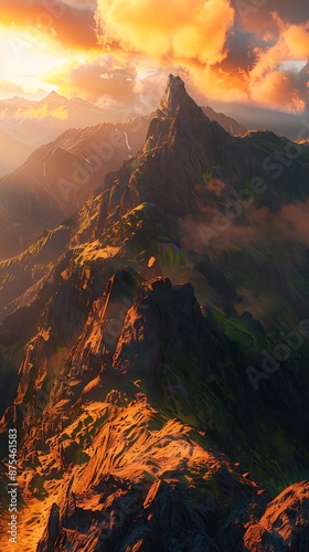 A dramatic mountain peak bathed in the warm light of the setting sun, with a valley stretching out below.