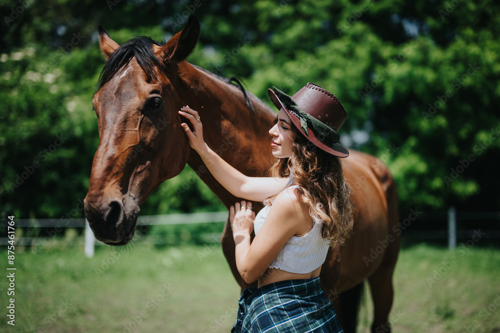 Obraz premium A young woman petting a horse while enjoying countryside life on a sunny day at the ranch, feeling happy and relaxed.