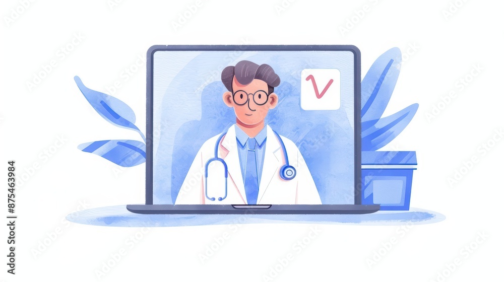 A detailed watercolor depiction of telemedicine, with a doctor and patient connecting through a video call, isolate on white background with copy space A detailed watercolor depiction of telemedicine, with a doctor and patient connecting through a video call, isolate on white background with copy space