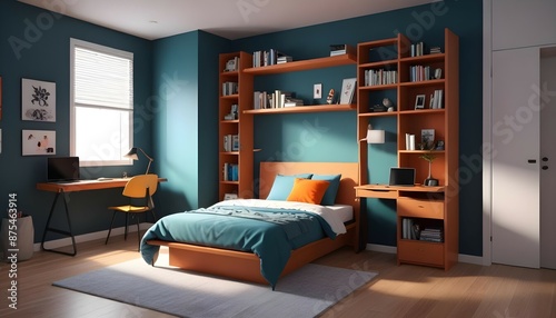 A compact bedroom with a Murphy bed, a foldable desk, a modern chair, and a small bookshelf.
