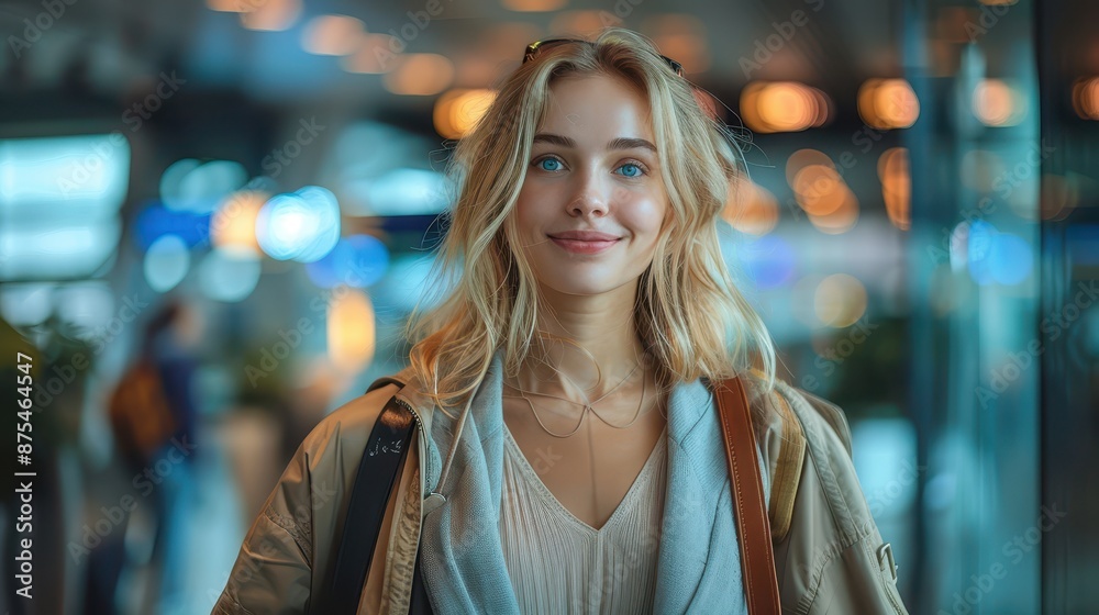 A young blonde woman smiling at the camera while standing in an airport. She is dressed casually with a backpack, ready for travel. The background features airport decor. A young blonde woman smiling at the camera while standing in an airport. She is dressed casually with a backpack, ready for travel. The background features airport decor.