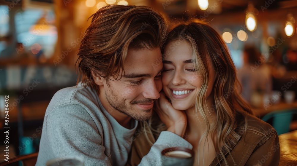A loving couple sits closely, radiating joy as they smile warmly at each other in a cozy, inviting cafe filled with ambient light, embodying togetherness and affection. A loving couple sits closely, radiating joy as they smile warmly at each other in a cozy, inviting cafe filled with ambient light, embodying togetherness and affection.