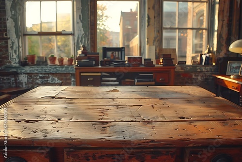 An empty wooden Desk with an office in the background, warm atmosphere
