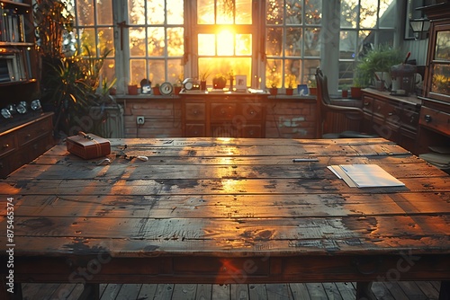 An empty wooden Desk with an office in the background, warm atmosphere