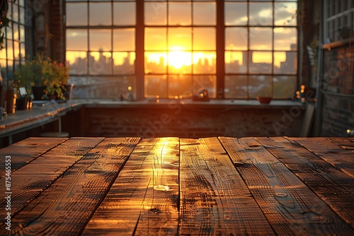 An empty wooden Desk with an office in the background, warm atmosphere
