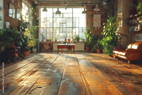 An empty wooden Desk with an office in the background, warm atmosphere