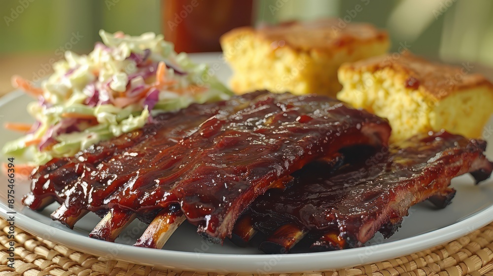 Delicious BBQ Ribs Served with Creamy Coleslaw and Cornbread in Rustic Setting, Perfect for a Southern Comfort Food Feast Delicious BBQ Ribs Served with Creamy Coleslaw and Cornbread in Rustic Setting, Perfect for a Southern Comfort Food Feast