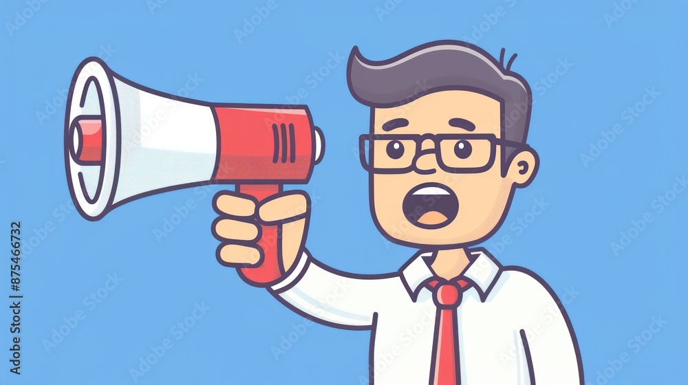 Cartoon businessman with red megaphone speaking loud announcement. Cartoon businessman with red megaphone speaking loud announcement.