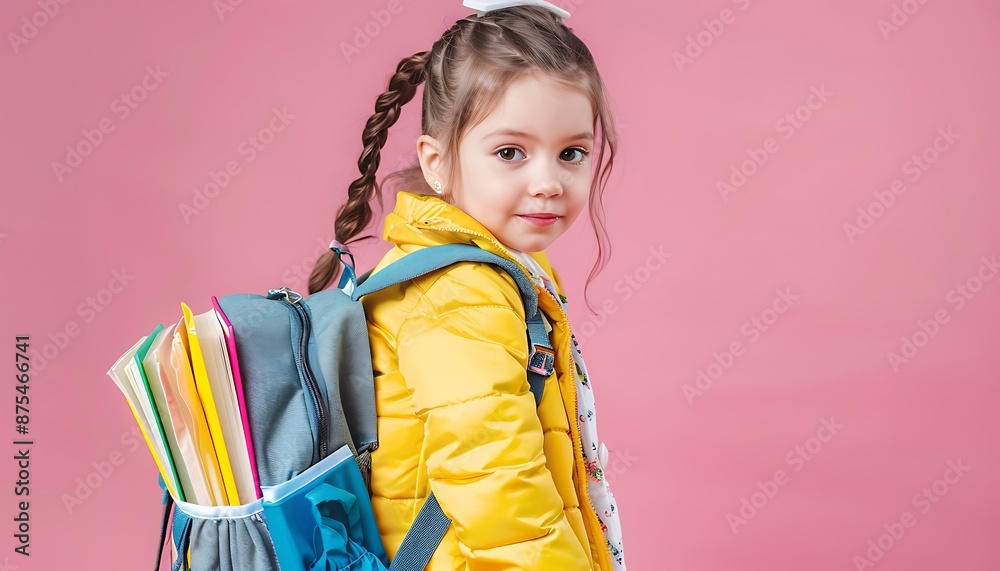 Little girl in school uniform, backpack and books on pink backdrop, yellow jacket, pastel colors, studio shot, cheerful. Little girl in school uniform, backpack and books on pink backdrop, yellow jacket, pastel colors, studio shot, cheerful.