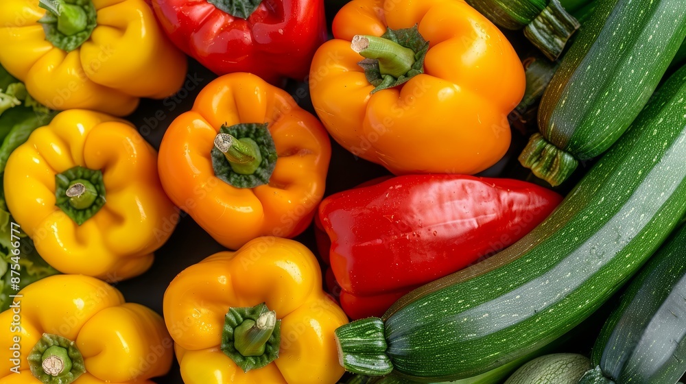 A vibrant photo of a fresh vegetable medley including zucchini, squash, and bell peppers, focus cover all object, deep dept of field A vibrant photo of a fresh vegetable medley including zucchini, squash, and bell peppers, focus cover all object, deep dept of field