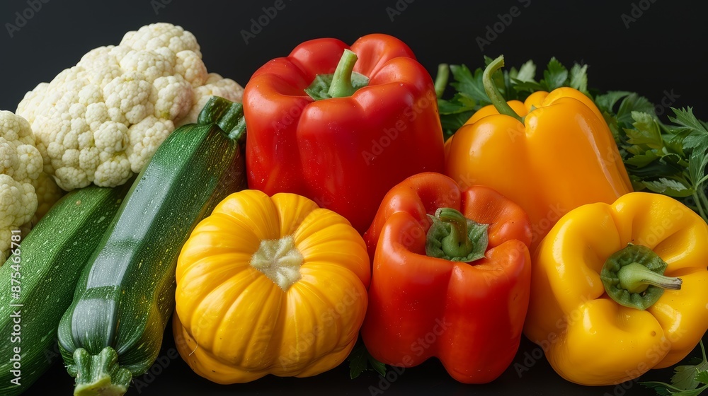 A vibrant photo of a fresh vegetable medley including zucchini, squash, and bell peppers, focus cover all object, deep dept of field