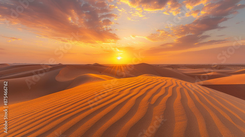 A desert landscape with a sun setting in the background