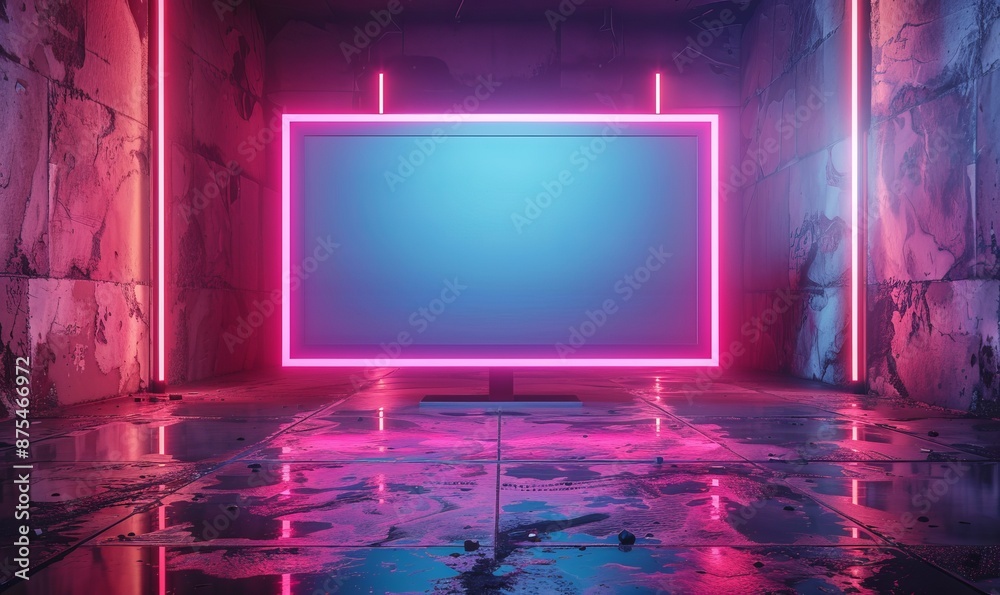 Pink and Blue neon light Monitor icon. Vibrant colored Display technology symbol, on a black background with high tech floor. Pink and Blue neon light Monitor icon. Vibrant colored Display technology symbol, on a black background with high tech floor.