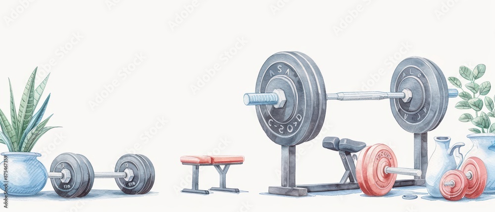 A soft watercolor rendering of circuit training, showing different exercise stations in a gym, isolate on white background with copy space A soft watercolor rendering of circuit training, showing different exercise stations in a gym, isolate on white background with copy space