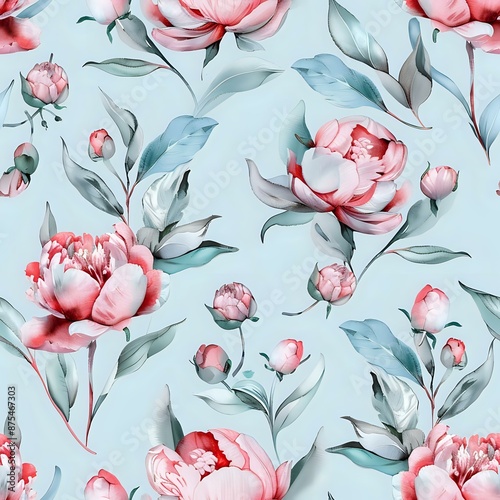 Repeating Pink Peony and Purple Floral Design