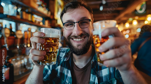 A man holding a mug of beer and German sausage smiles as he visits a bar or alehouse to unwind after a busy week, happily taking part in a celebration with beer and meat treats.
