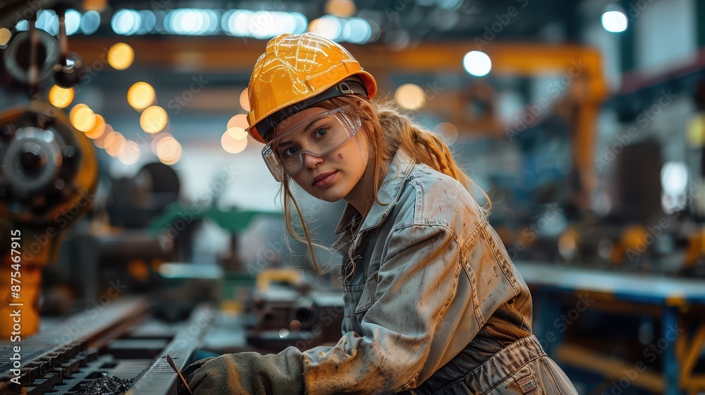 A young female worker operates a grinding machine on metal in a factory. She wears protective gear like goggles and a helmet, focusing on her challenging task. A young female worker operates a grinding machine on metal in a factory. She wears protective gear like goggles and a helmet, focusing on her challenging task.
