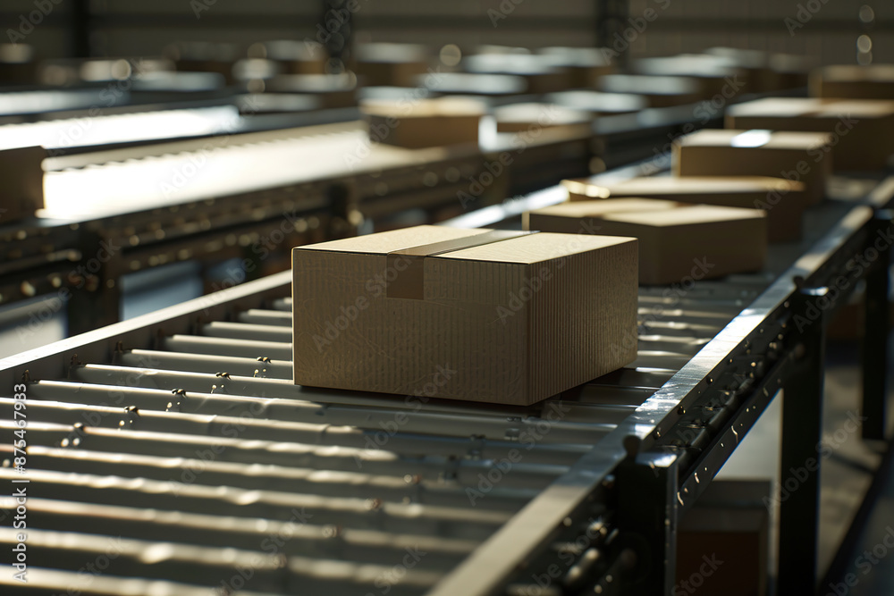 Cardboard boxes on conveyor belt in warehouse