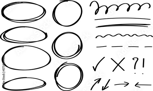 Marker lines isolated on transparent background. Set of different doodle, underline, arrows. Hand drawn marker stripes. Scrawl texture underline effect. Vector EPS 10