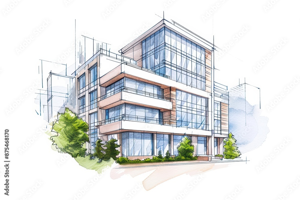 A watercolor illustration of energy efficiency, showing modern buildings with advanced insulation and smart lighting systems, isolate on white background with copy space A watercolor illustration of energy efficiency, showing modern buildings with advanced insulation and smart lighting systems, isolate on white background with copy space